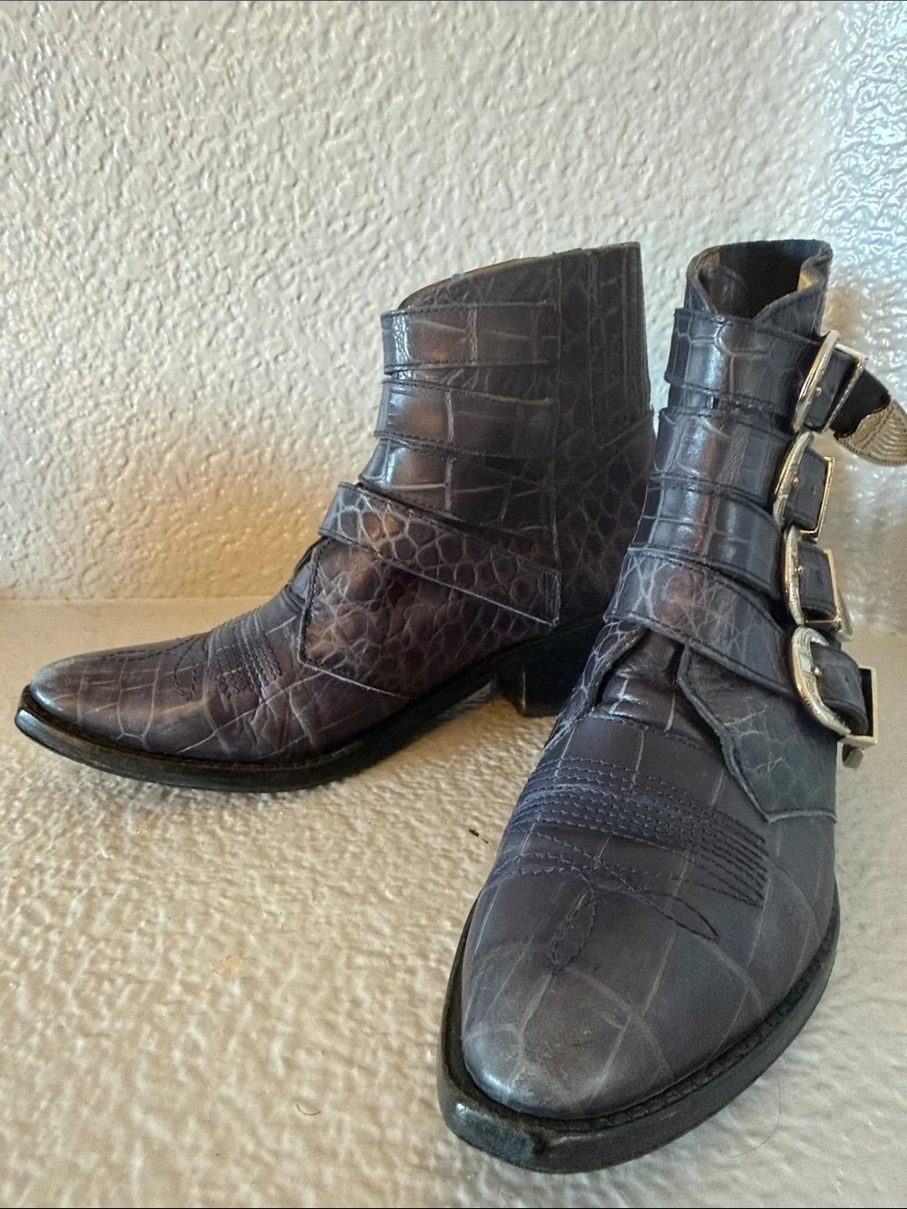 Toga Pulla Blue Croc Embossed Four Buckle Western Ankle Boots EU 38